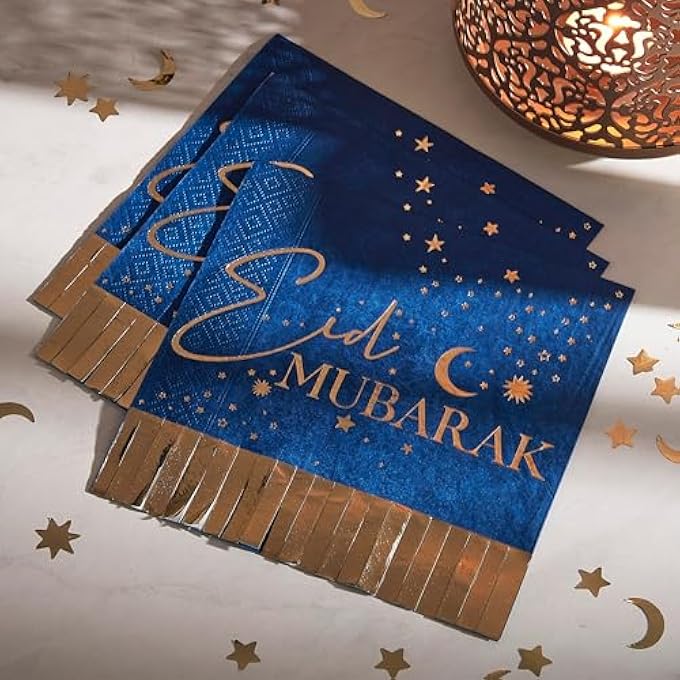EID MUBARAK NAVY AND GOLD FRINGE NAPKINS16 PACK, BLUE - Image 2